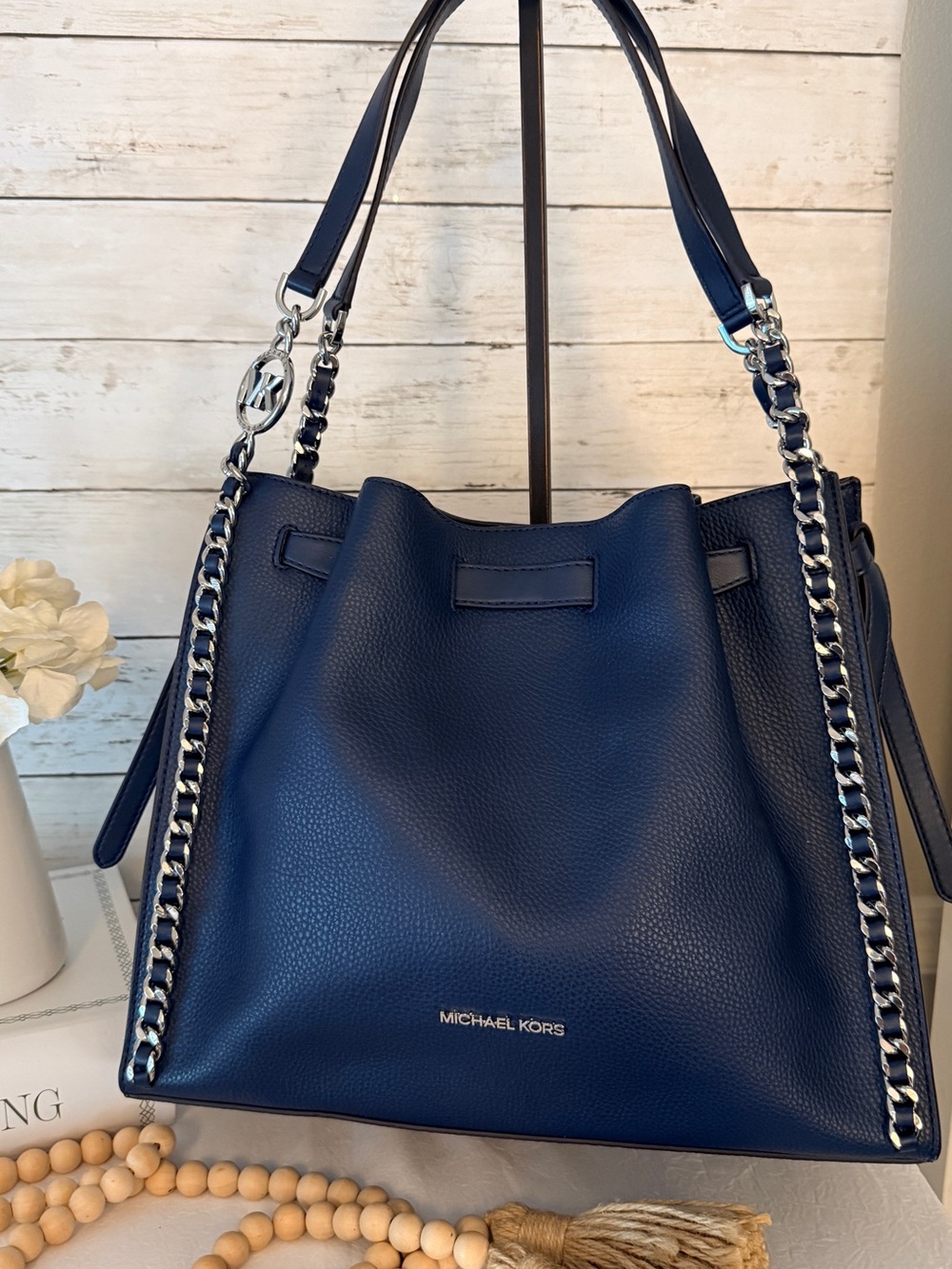 Michael Kors Navy Pebbled Leather Shoulder Tote with Chain Accents NWOT